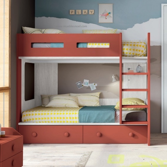 red double deck bed, colorful sheets