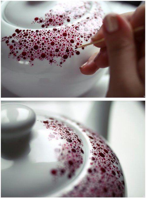 pottery painting ideas teapot with red dots