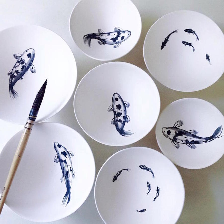 koi blue fishes on plates and bowls