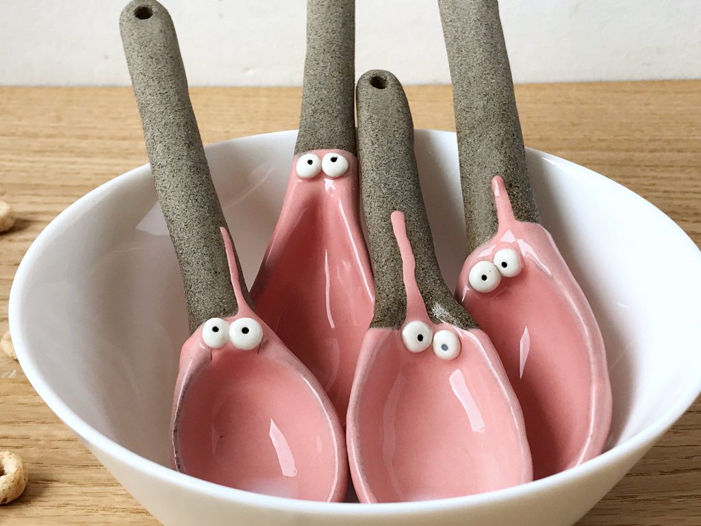 pottery painting ideas, crazy spoons gray and pink