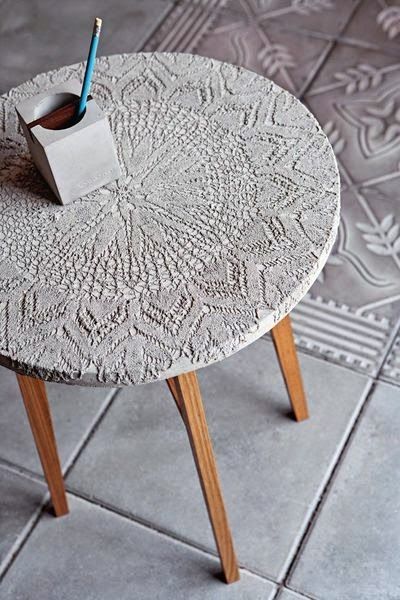 Coffee table from lace imprinted concrete