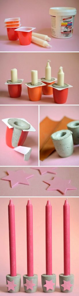 Candlestick holders using cement and plastic containers