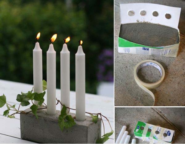 Candlestick holder using cement and a cardboard box